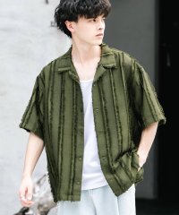 Rocky Monroe/ロッキーモンロー Rocky Monroe ストライプシャツ 半袖 開襟 メンズ レディース ジャガード フリンジ シアー 透け感 オープンカラー 白シャツ オ/508127876