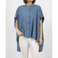 Anna Nicola/アンナニコラ Anna Nicola ライトデニムフレアロングブラウス ノーカラー アシンメトリー バックロング フィッシュテール/508130670