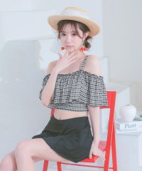 Retica/レティカ Retica 水着レディース ショルダーカット チェック フリル ビスチェ バックリボン 体型カバー スカート 韓国風 ガーリー タンキニ【返品不可商/508133259