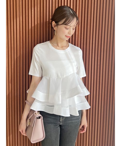 スナイデル完売品ぺプラムTシャツ スナイデル SNIDEL 異素材ペプラムTシャツ （BLK