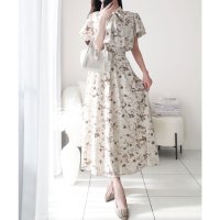 Classical Elf/クラシカルエルフ Classical Elf 【mily bilet】大人の品格。ウエストシャーリングボウタイ花柄フリル袖ワンピース(ロング丈)/508141282