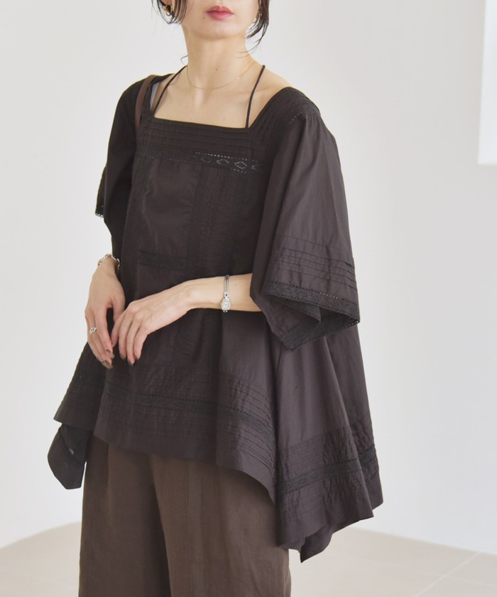 SHIPS for women / シップスウィメン quaranciel:〈洗濯機可能〉コットン レース ライン スクエア ネック ブラウス SHIPS｜quaranciel:<洗濯機可能>コットン レース ライン