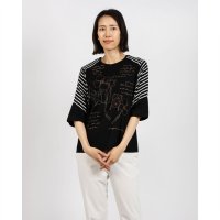 BRODIAEA/ブローディア BRODIAEA ボーダー切り替えカットソー 刺繍5分袖Tシャツ/508142313
