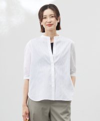 J.PRESS LADIES（LARGE SIZE）/【洗える】セルロースカラミストライプ バンドカラー ブラウス/508143663