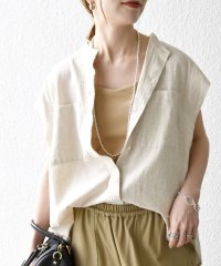 SHIPS any WOMEN/SHIPS any:〈洗濯機可能〉リネン コットン バンドカラー フレンチスリーブ ポケット シャツ/508144011