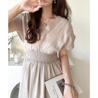 Classical Elf/クラシカルエルフ Classical Elf 大人の抜け感エレガント。シアーストライプ素材ウエストシャーリングVネックロングワンピース/508154308