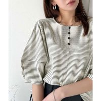 クラシカルエルフ Classical Elf 華奢見えを叶える！前後2wayランタンスリーブミニボーダートップス（5分袖）