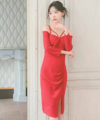 Tika/ティカ Tika キャバドレス [韓国ドレス] オフショルダー コードデザイン ワンカラー 袖あり 長袖 ストレッチ ギャザー スリット タイト 膝丈ドレス (/508155401