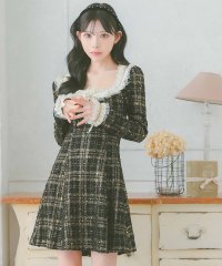 Tika/ティカ Tika キャバドレス [韓国ドレス] ネックリボン チュール フリル ツイード チェック柄 長袖 フレアミニドレス (Sサイズ～Lサイズ)/508155402