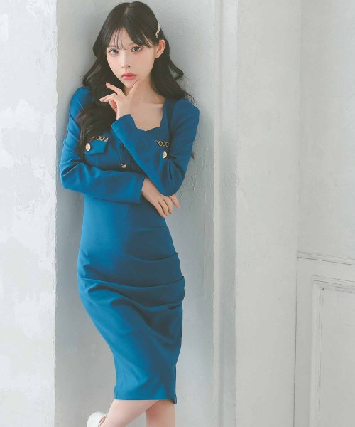 ティカ Tika キャバドレス [韓国ドレス] 長袖 チェーン メタルボタン 