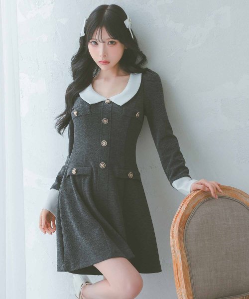 ティカ Tika キャバドレス [韓国ドレス] 襟デザイン ボタン バイカラー 