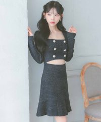 Tika/ティカ Tika キャバドレス [韓国ドレス] ウエストカット ツイード 長袖 スクエアネック パール ダブルボタン 袖あり 裾プリーツ フレアミニドレス (S/508155405