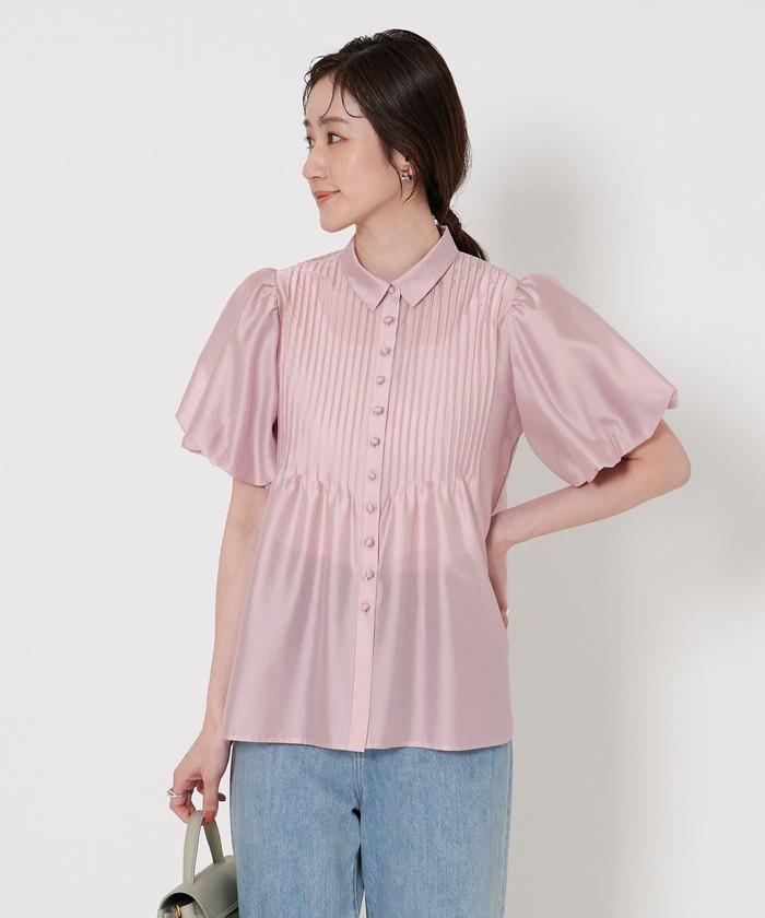 美品◎ユナイテッドアローズ C/Nピンタックショートスリーブブラウス ピンク F シルキーピンタック ショートスリーブ ブラウス(508159056