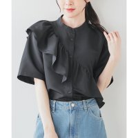 Honeys/ハニーズ Honeys アシメフリルシャツ トップス ブラウス 半袖 シャツ フリル アシメシャツ バンドカラー 無地 前開き ガーリー 夏 白 黒 レディース/508159912