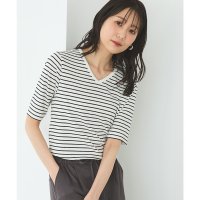 Honeys/ハニーズ Honeys 汗ジミ軽減半袖VネックT トップス Tシャツ 半袖Tシャツ カットソー 半袖 ハニさら 汗ジミ軽減 レーヨン混 無地 ボーダー柄 レディ/508159932