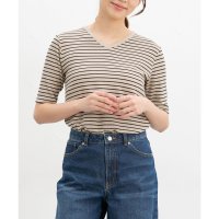 Honeys/ハニーズ Honeys 汗ジミ軽減半袖VネックT トップス Tシャツ 半袖Tシャツ カットソー 半袖 ハニさら 汗ジミ軽減 レーヨン混 無地 ボーダー柄 レディ/508159932