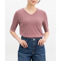 Honeys/ハニーズ Honeys 汗ジミ軽減半袖VネックT トップス Tシャツ 半袖Tシャツ カットソー 半袖 ハニさら 汗ジミ軽減 レーヨン混 無地 ボーダー柄 レディ/508159932