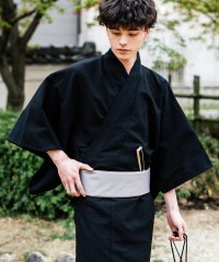 Rocky Monroe/ロッキーモンロー Rocky Monroe 浴衣 5点セット メンズ 黒 下駄 扇子 帯 巾着 信玄袋 着物 和服 しじら織り シアサッカー 無地 ストライプレ/508167199