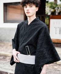 Rocky Monroe/ロッキーモンロー Rocky Monroe 浴衣 5点セット メンズ 黒 下駄 扇子 帯 巾着 信玄袋 着物 和服 しじら織り シアサッカー 無地 ストライプレ/508167199