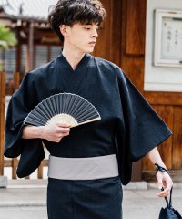 ロッキーモンロー Rocky Monroe 浴衣 5点セット メンズ 黒 下駄 扇子 帯 巾着 信玄袋 着物 和服 しじら織り シアサッカー 無地 ストライプレ