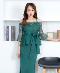 Tika/ティカ Tika キャバドレス肩あき 3Dフラワー パール シアーレース 袖あり ウエストリボン ペプラム ストレッチ バックスリット タイトロングドレス (S/508172274