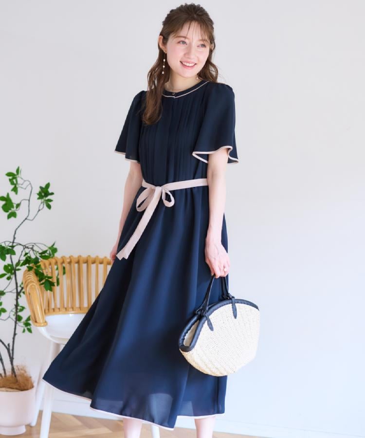 【タグ付き未使用】couture brooch　タックプリーツ配色ワンピース クチュール ブローチ Couture Brooch タックプリーツ配色