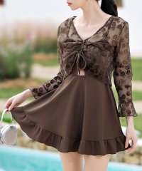 TeddyShop/テディショップ Teddyshop レディース水着 長袖透け感クロップドトップス+カットアウトフリルワンピ風オールインワン水着 2点セット ［大きいサイズ有］ /508174602