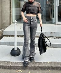 NICE CLAUP/OLIVE des OLIVE OUTLET/【RMAF】【脚長効果抜群◎】サイドレースUPセミフレアデニム/508174818