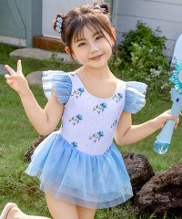 TeddyShop/テディショップ Teddyshop キッズ水着 半袖小花柄ふんわりチュールワンピ風バックリボンオールインワン水着+スイムキャップ 2点セット 【返品不可商品】/508181123