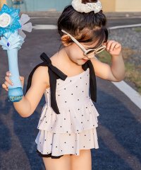 TeddyShop/テディショップ Teddyshop キッズ水着 肩リボン総柄ティアードワンピ+フリルパンツ+キャップ 3点セット 【返品不可商品】/508181126