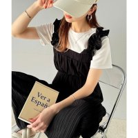 Classical Elf/クラシカルエルフ Classical Elf 大人っぽ可愛いを叶える！楊柳ストライプ素材フリルギャザーショルダー オールインワンサロペット/508182010