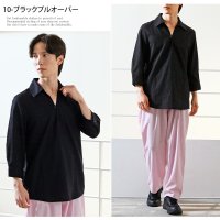 TopIsm/トップイズム TopIsm シャツ メンズ ホリゾンタルカラー プルオーバーシャツ カプリシャツ コットンリネンシャツ 綿麻シャツ 無地 7分袖シャツ フレンチ/505231629