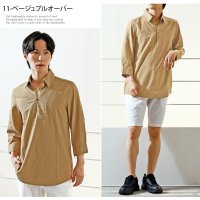 TopIsm/トップイズム TopIsm シャツ メンズ ホリゾンタルカラー プルオーバーシャツ カプリシャツ コットンリネンシャツ 綿麻シャツ 無地 7分袖シャツ フレンチ/505231629