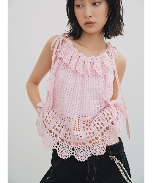 新品 andmary Crochet frill knit tops pink