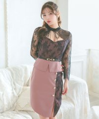 Tika/ティカ Tika キャバドレスネックリボン フラワーレース バストカット ペプラム 袖あり 七分袖 谷間魅せ タイトミニドレス/508189252