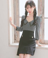 Tika/ティカ Tika キャバドレス [韓国ドレス] 袖あり 襟デザイン チェック柄 八部袖 裾プリーツ フレアミニドレス (Sサイズ～Lサイズ)/508189254
