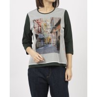 BRODIAEA/ブローディア BRODIAEA オーガンジー転写プリント 配色切り替え7分袖Tシャツ/508187368