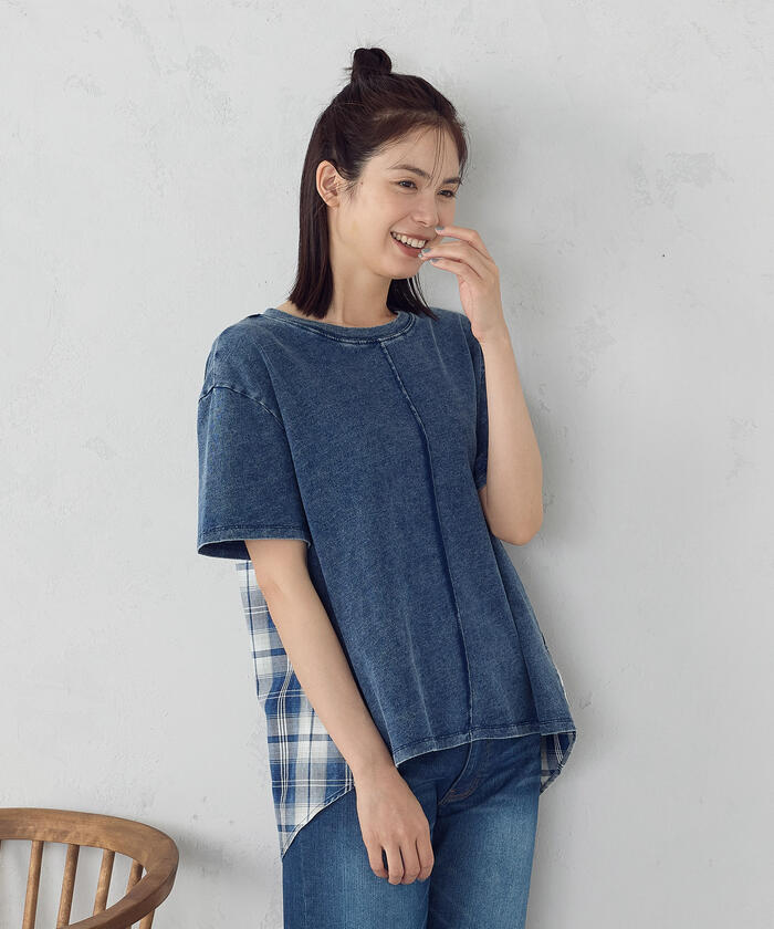 インディゴチェック バックフレアTシャツ / セットアップ対応