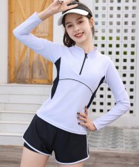 TeddyShop/テディショップ Teddyshop キッズ水着 長袖バイカラーライン柄ハーフジップラッシュガードトップス+レイヤード風ショートパンツ 上下2点セット 【返品不可/508200576