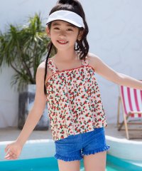 TeddyShop/テディショップ Teddyshop キッズ水着 レトロ小花柄フレアデニム風フリルタンキニ 上下2点セット【返品不可商品】/508201214