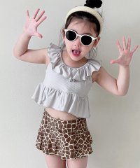 TeddyShop/テディショップ Teddyshop キッズ水着 ニュアンスカラー×アニマル柄バッククロスフリルビキニ+キャップ 3点セット【返品不可商品】/508201220
