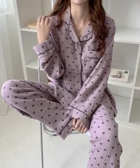 TeddyShop/テディショップ Teddyshop レディース 小粒ハートで韓国っぽ。長袖ダブルガーゼセットアップルームウェア 上下2点セット/508201243