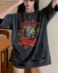 DEVICE/デバイス DEVICE ピグメント タイガー プリント ダメージ加工 Tシャツ 半袖/508178088