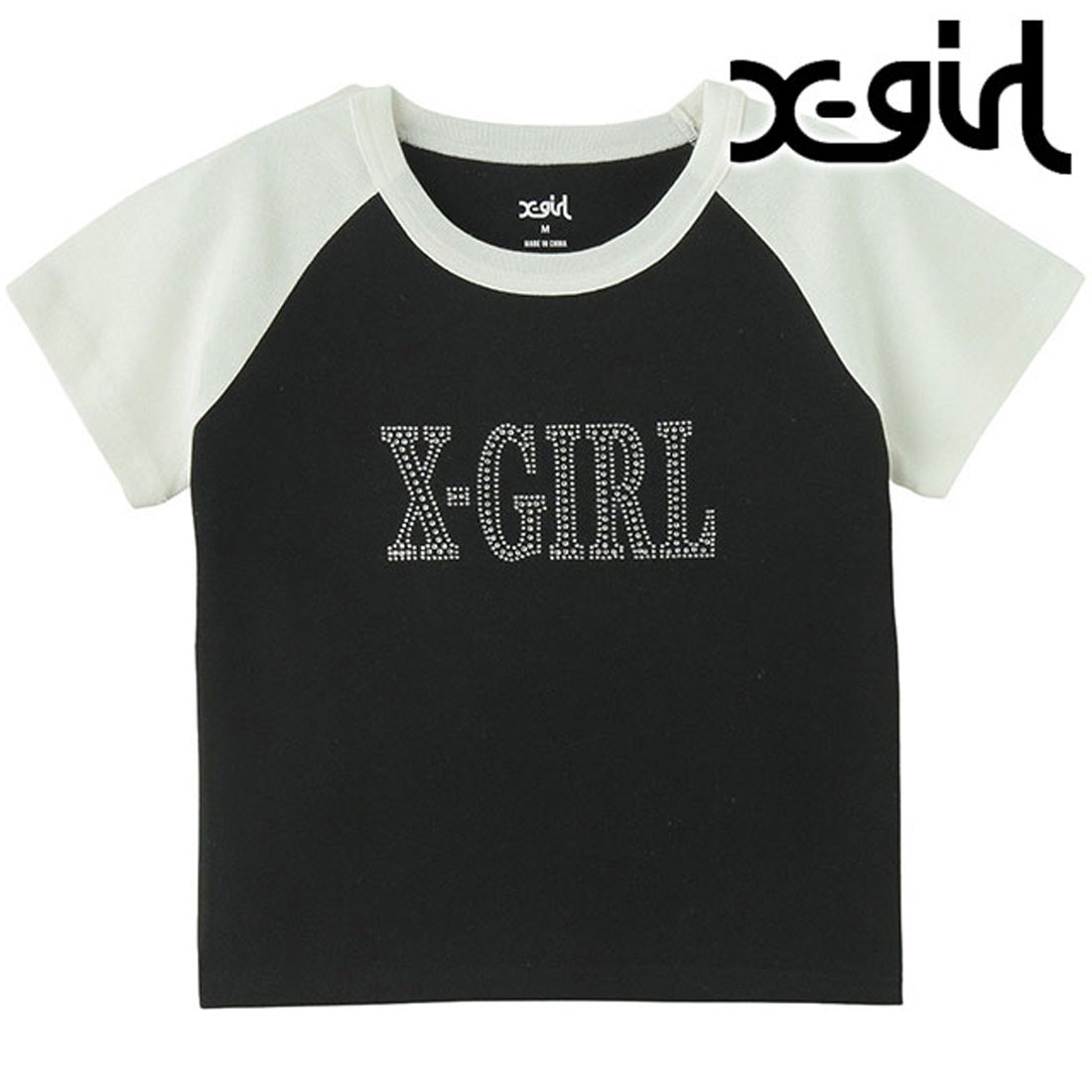 国内配送★X-girl★RHINESTONE ROMAN TYPE LOGO RAGLAN エックスガール X-girl RHINESTONE ROMAN TYPE LOGO RAGLAN S/S