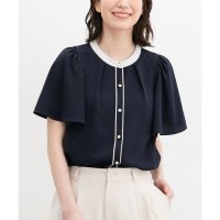 Honeys/ハニーズ Honeys 配色フレア袖ブラウス トップス ブラウス 半袖 大きいサイズ オフィス きれいめ 配色ブラウス フレア袖 ジョーゼット 無地 配色 レデ/508207298