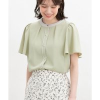 Honeys/ハニーズ Honeys 配色フレア袖ブラウス トップス ブラウス 半袖 大きいサイズ オフィス きれいめ 配色ブラウス フレア袖 ジョーゼット 無地 配色 レデ/508207298