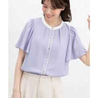 Honeys/ハニーズ Honeys 配色フレア袖ブラウス トップス ブラウス 半袖 大きいサイズ オフィス きれいめ 配色ブラウス フレア袖 ジョーゼット 無地 配色 レデ/508207298