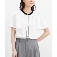 Honeys/ハニーズ Honeys 配色フレア袖ブラウス トップス ブラウス 半袖 大きいサイズ オフィス きれいめ 配色ブラウス フレア袖 ジョーゼット 無地 配色 レデ/508207298
