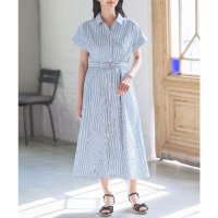 Honeys/ハニーズ Honeys ウエストタックワンピース ワンピース 半袖 ロング丈 大きいサイズ オフィス きれいめ シャツワンピース 無地 ストライプ柄 襟付き レ/508213633