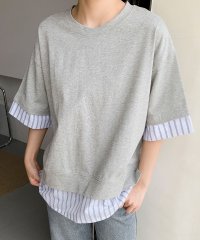 LOWO/ロワ LOWO 【綿100％使用】レイヤード風ストライプシャツドッキングTシャツ カットソー/508215062